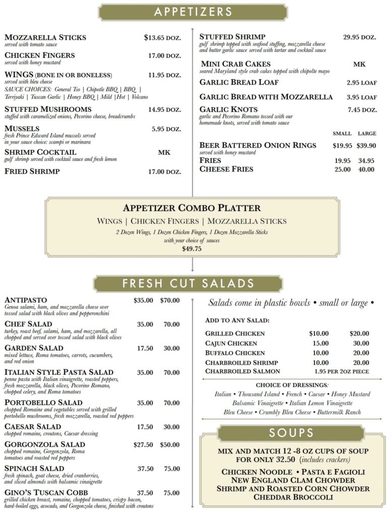 Gino’s Pizzeria Catering Menu