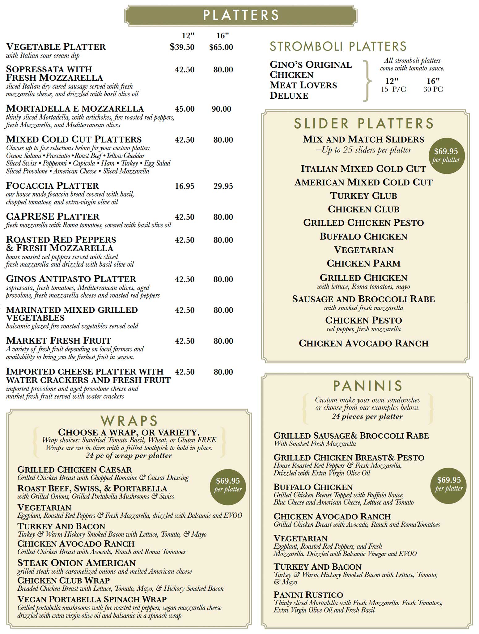 Gino’s Pizzeria Catering Menu