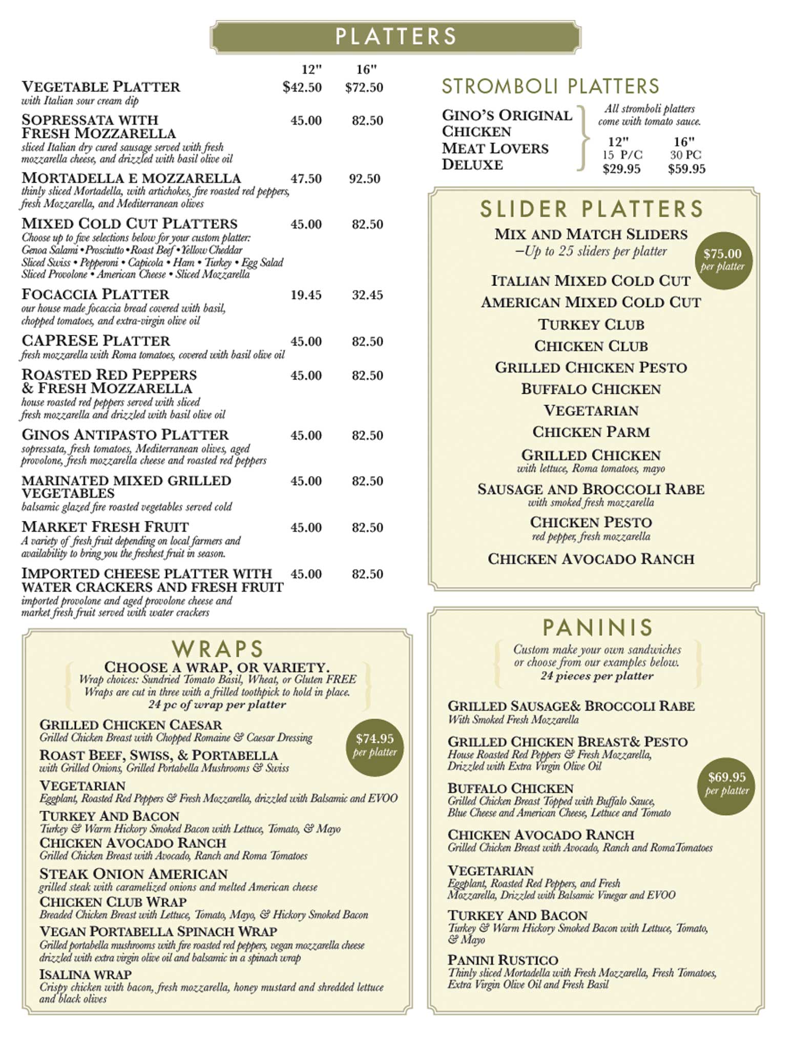 Gino's Pizzeria Catering Menu Ginos Pizzerias Poughkeepsie