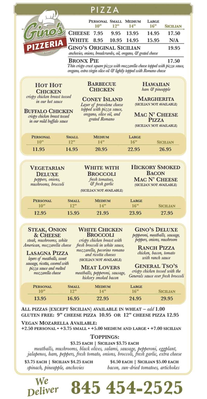 Menu Poughkeepsie Ginos Pizzerias Poughkeepsie