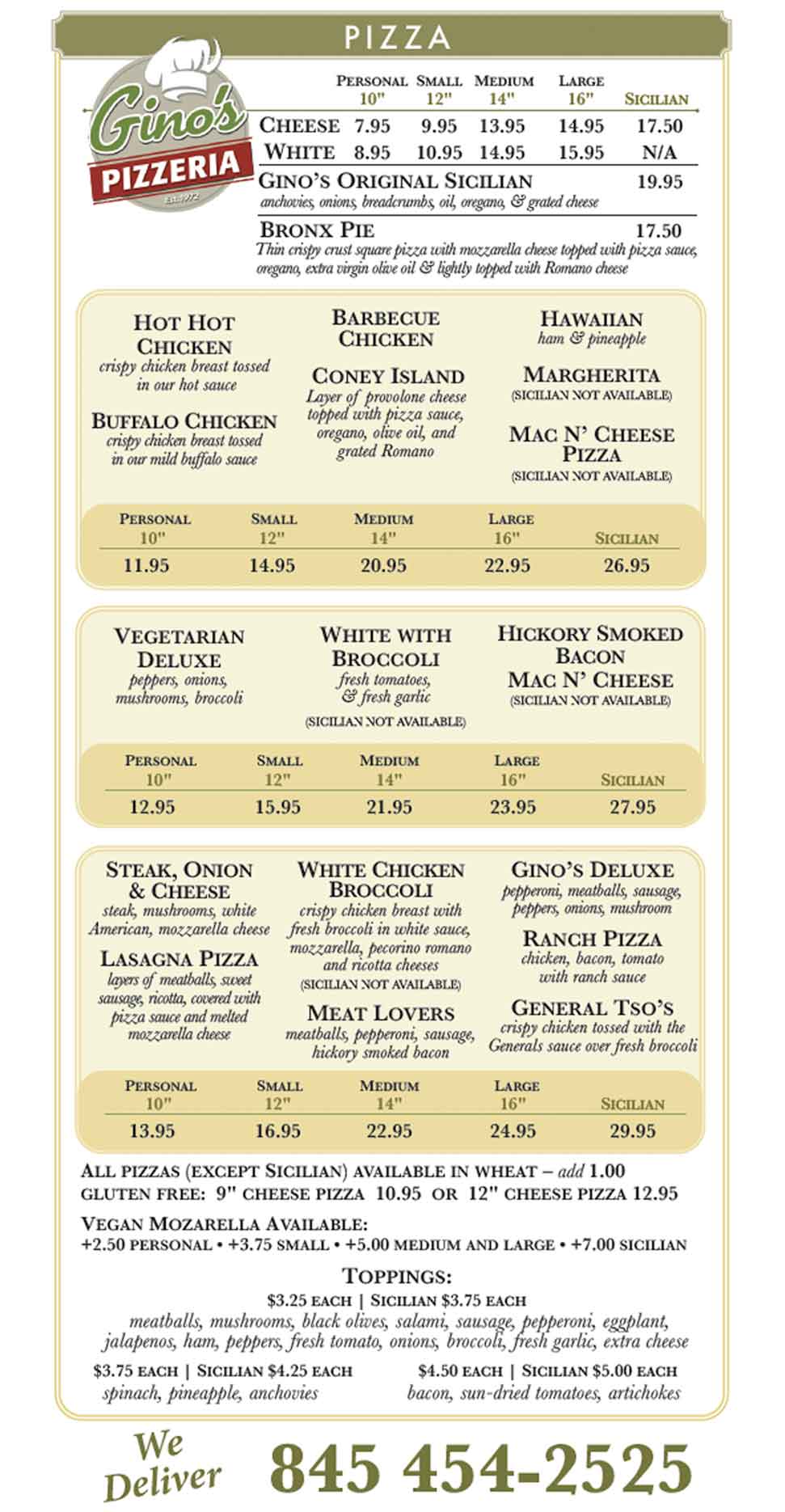 Gino's Poughkeepsie pizza menu October 2022