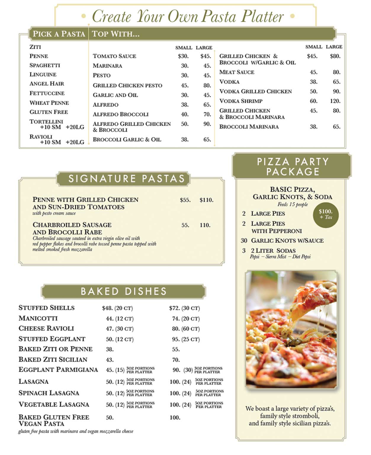 Catering Ginos Pizzeria pasta platter pizza package Aug 2023