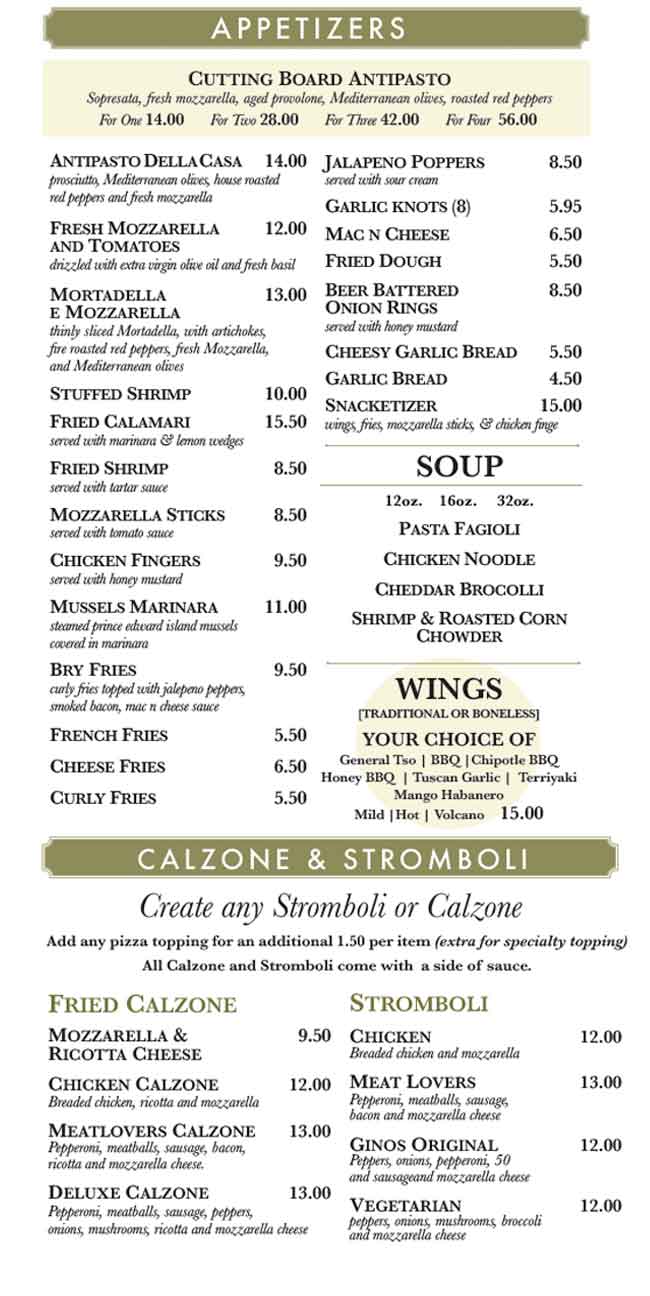 Gino's Pizza Poughkeepsie Appetizers Calzone Stromboli April 2024