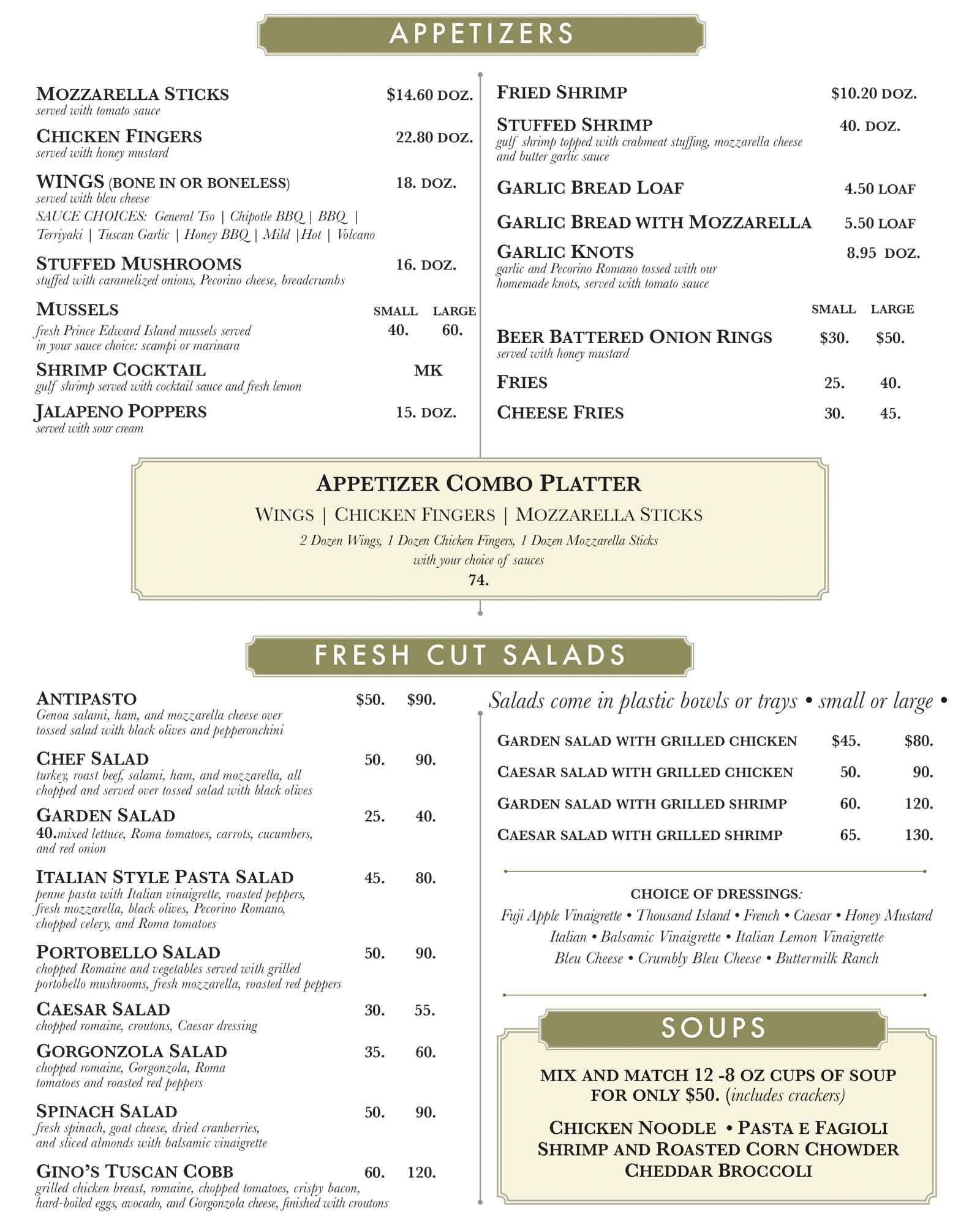Gino's Pizza Poughkeepsie Appetizers, Salads, Soups July 2025