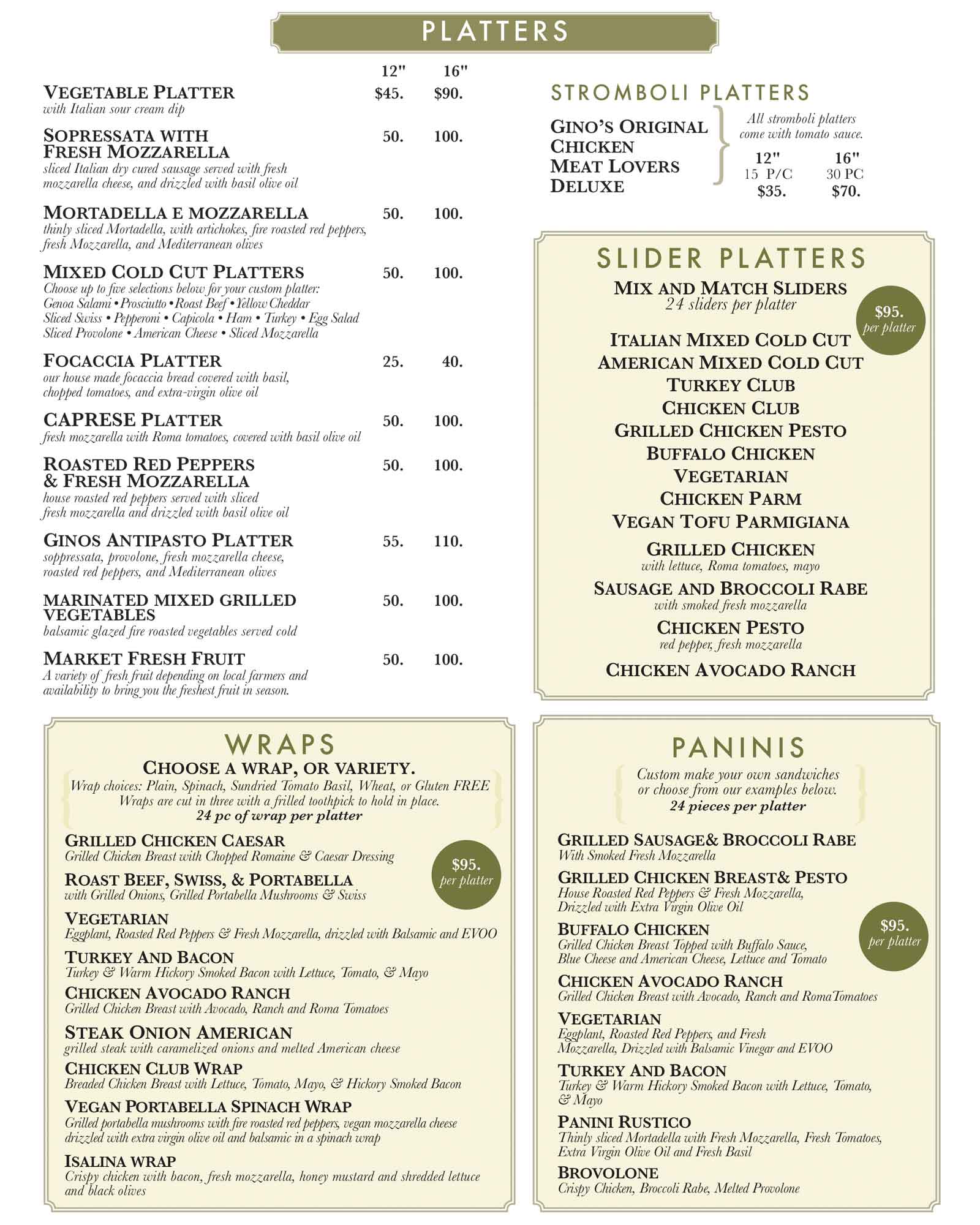 Gino's Pizza Poughkeepsie Platters, Wraps, Paninis, Sliders July 2025