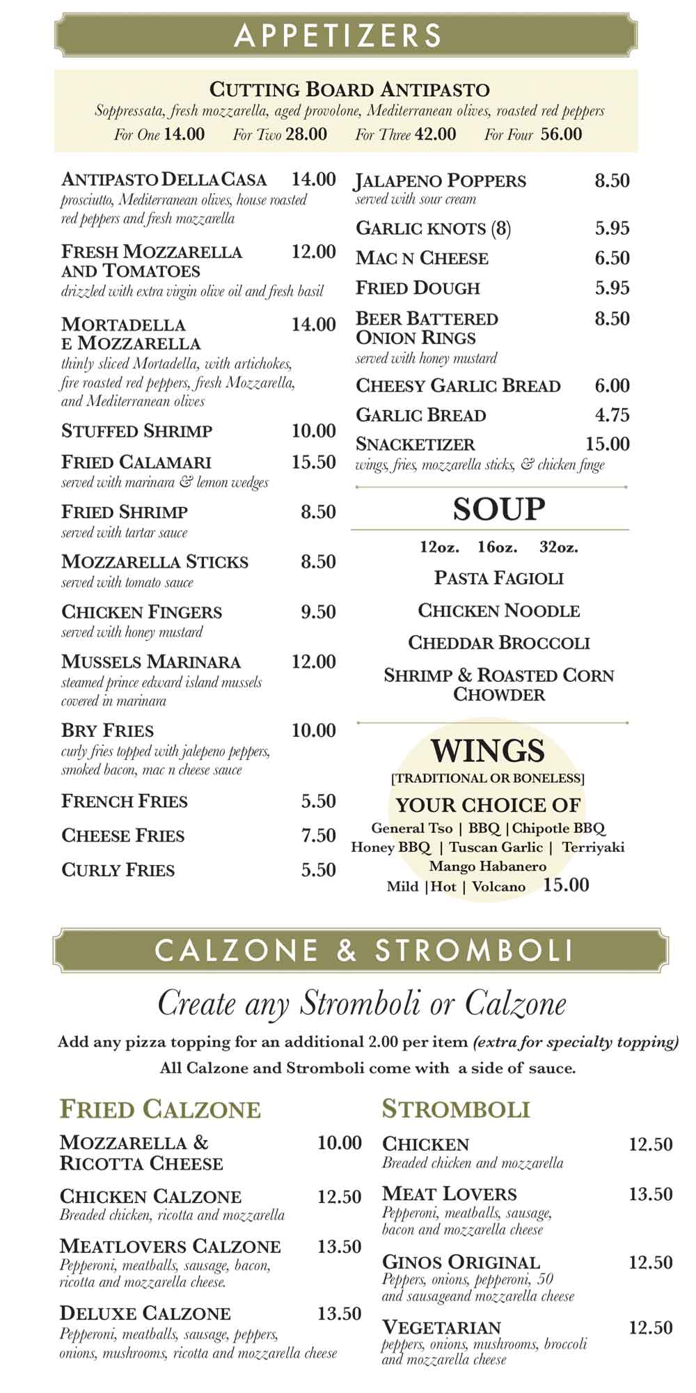 Gino's Pizza Poughkeepsie Appetizers, Calzone, Stromboli July 2025