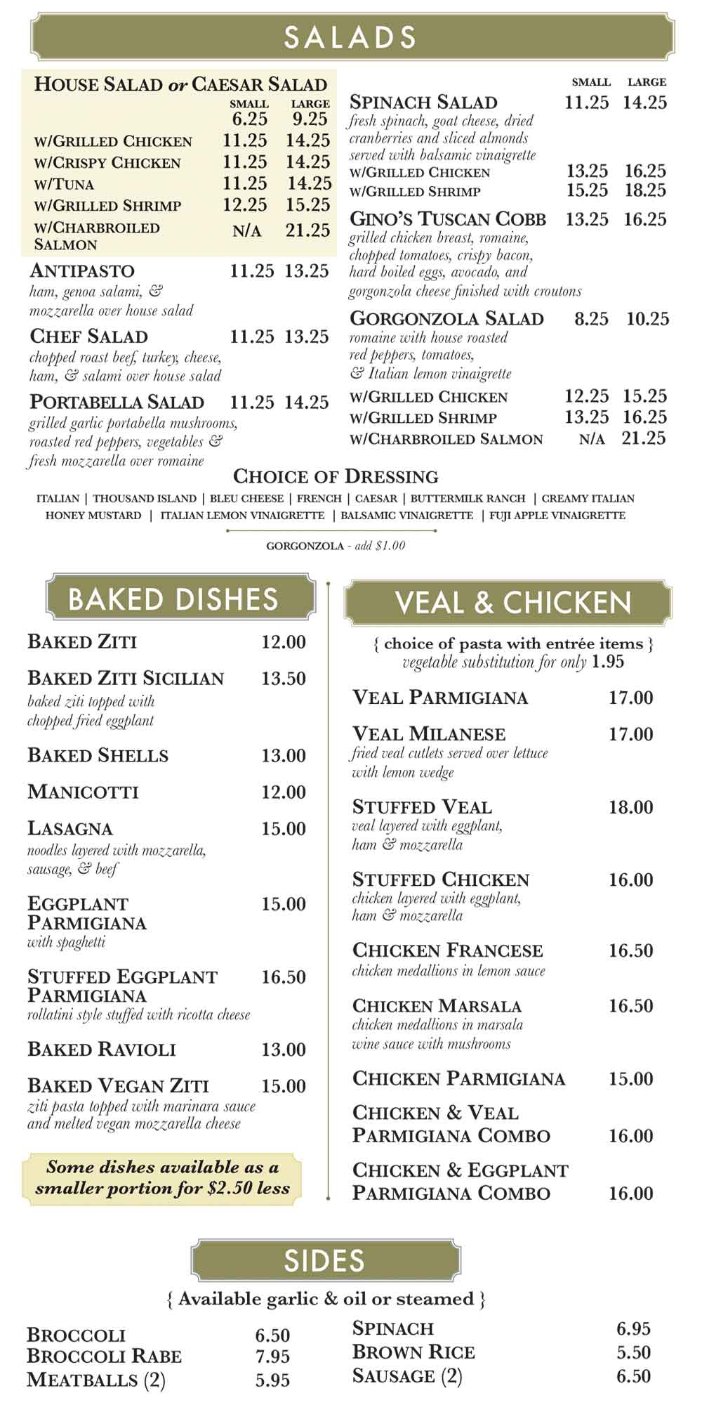 Gino's Pizza Poughkeepsie Salads, Baked Dishes, Veal, Chicken, Sides July 2025