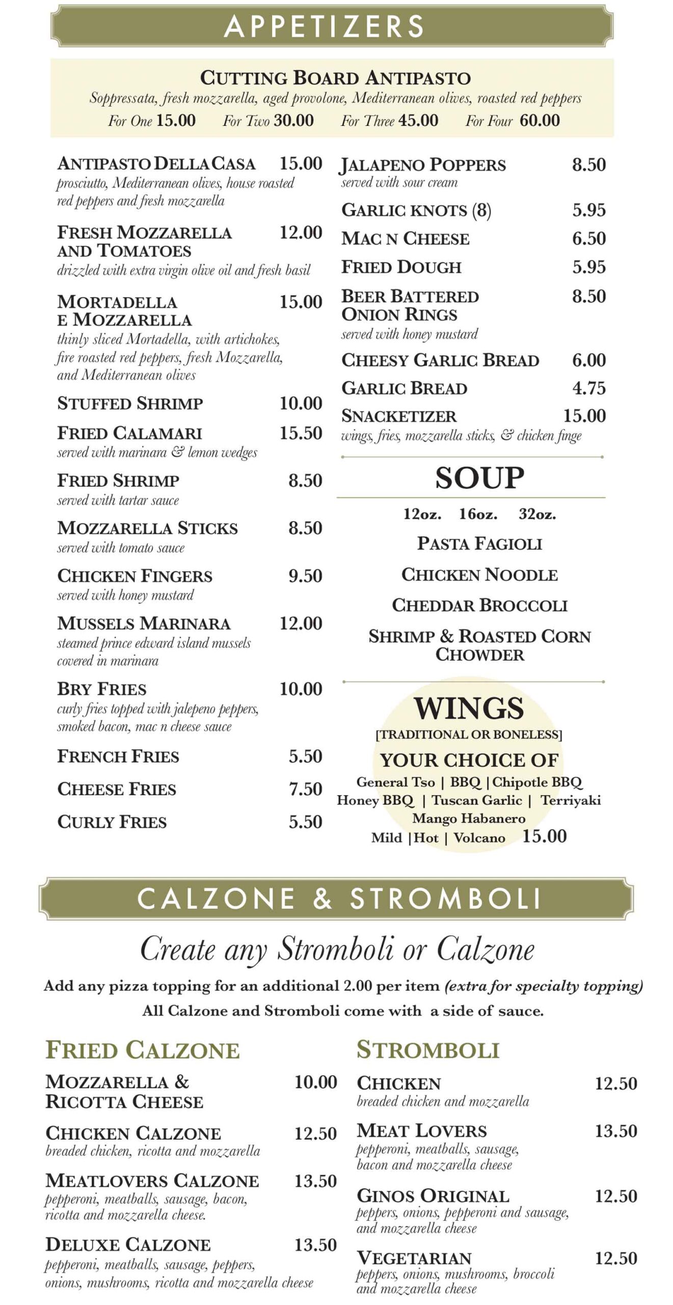 Gino's Pizza Poughkeepsie Appetizers, Calzone, Stromboli January 2026