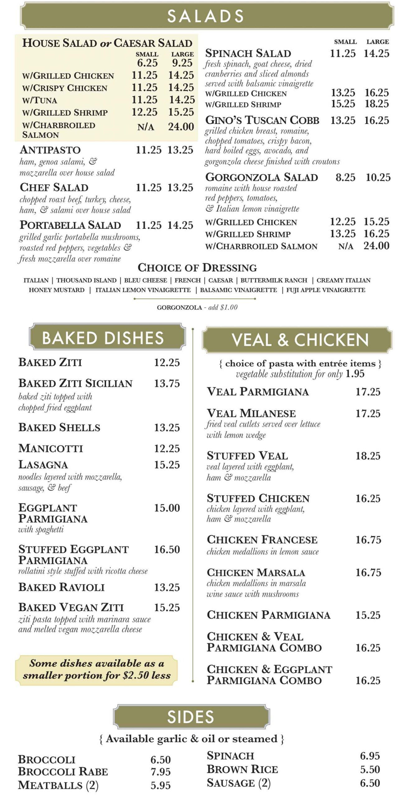 Gino's Pizza Poughkeepsie Salads, Baked Dishes, Veal, Chicken, Sides January 2026