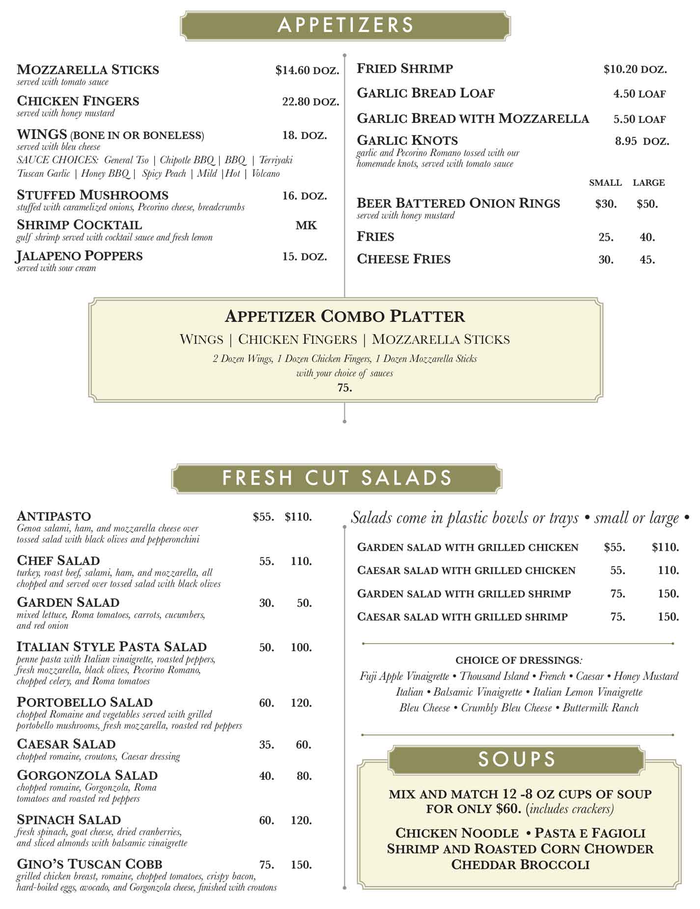 Catering Ginos Pizzeria Appetizers, Fresh Cut Salads, Soups June 2026