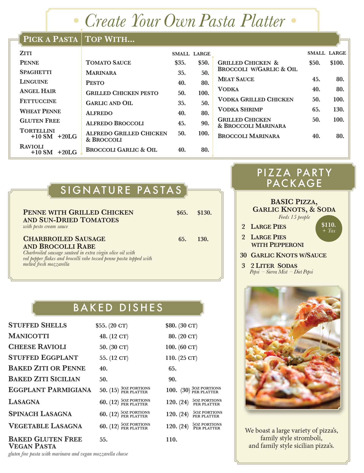 Catering Ginos Pizzeria Pasta Platter, Signature Pastas, Pizza Party Package, Baked Dishes June 2026
