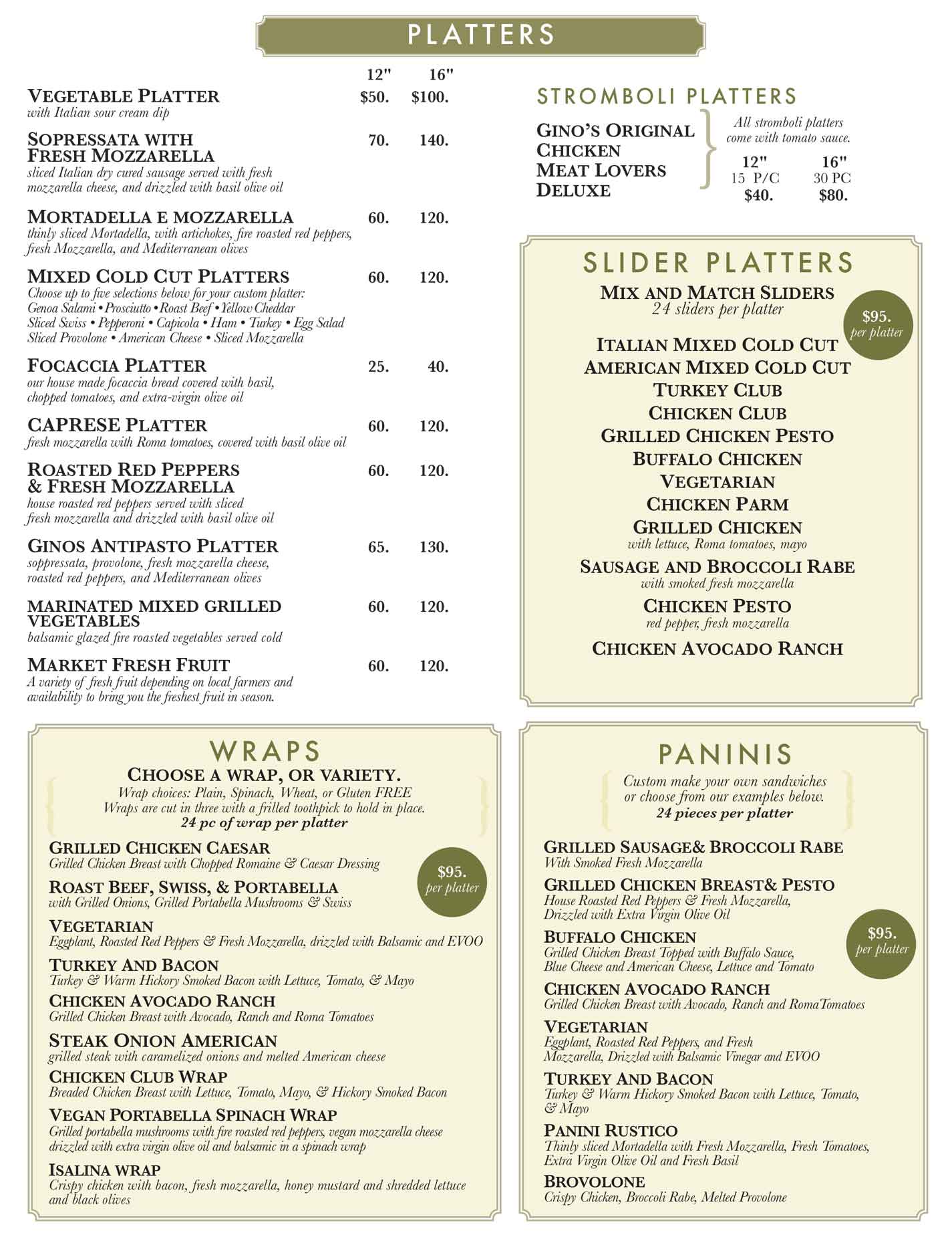 Catering Ginos Pizzeria Platters, Slider Platters, Wraps, Paninis June 2026