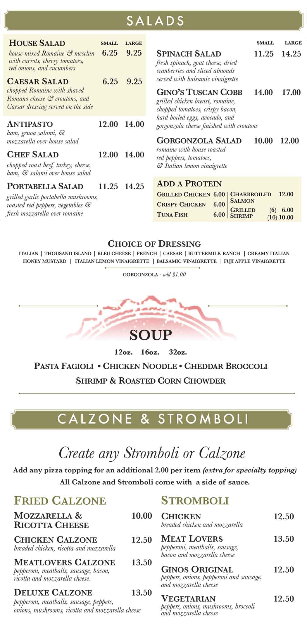 Gino's Pizza Poughkeepsie Salads, Calzone, Stromboli August 2026